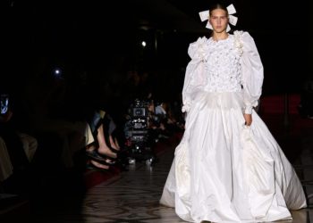 Chanel presents haute couture apparel at the Opera theater in Paris.